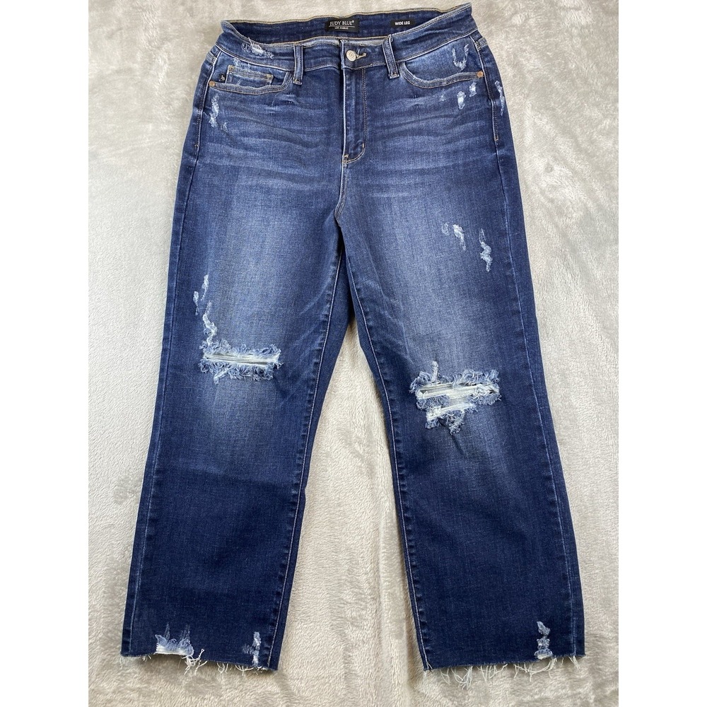 Judy Blue Jeans Wide Leg Raw Hem Distressed Crop High Rise Size 13/31 JB82593DK